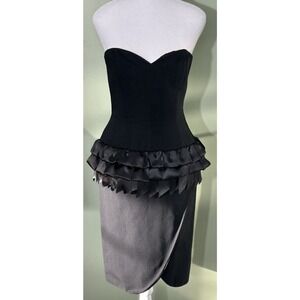 Victor Costa Dress Vintage 80’s Sz 4 Ribbon Peplum 3D Strapless Cocktail Black‌